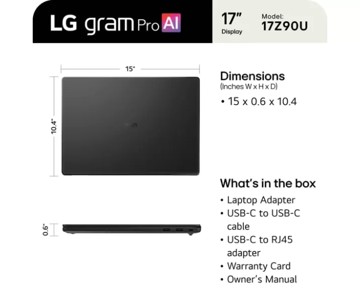 LG gram Pro 17 17Z90U, CPU: Core Ultra 7 355, RAM: RAM 32 GB, Ổ cứng: SSD 1TB, Độ phân giải: Quad HD+, Card đồ họa: Intel Graphic, Kích thước màn hình: 17 inch, Loại màn hình: Laptop Touch, Hệ điều hành: Windows 11, Màu sắc: Black, Tình trạng: Openbox - hình số , 10 image