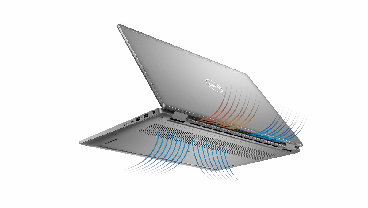 Hình ảnh chụp laptop Dell Latitude 7640 chụp theo góc chéo có hình ảnh mình họa quá trình tản nhiệt được thêm vào