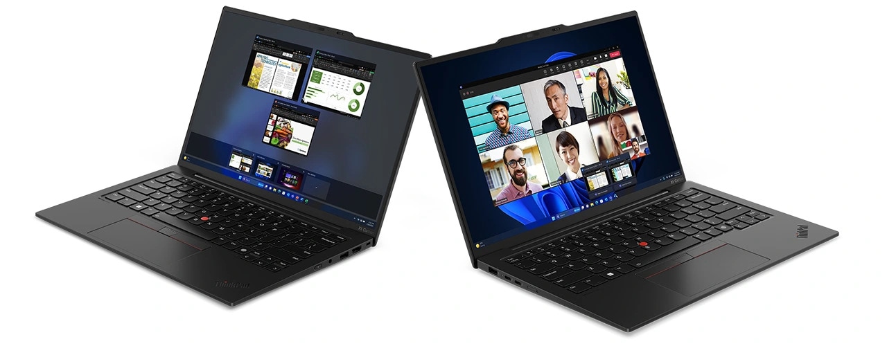 Hai laptop Lenovo ThinkPad X1 Carbon Gen 12 mở 90 độ, một với các ứng dụng khác nhau mở & cái kia với một cuộc họp video.