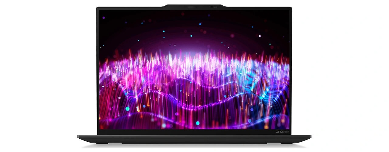 Lenovo ThinkPad X1 Carbon Gen 12 laptop mở 90 độ, hiển thị màn hình 14" với Thanh Giao Tiếp ở trên cùng.
