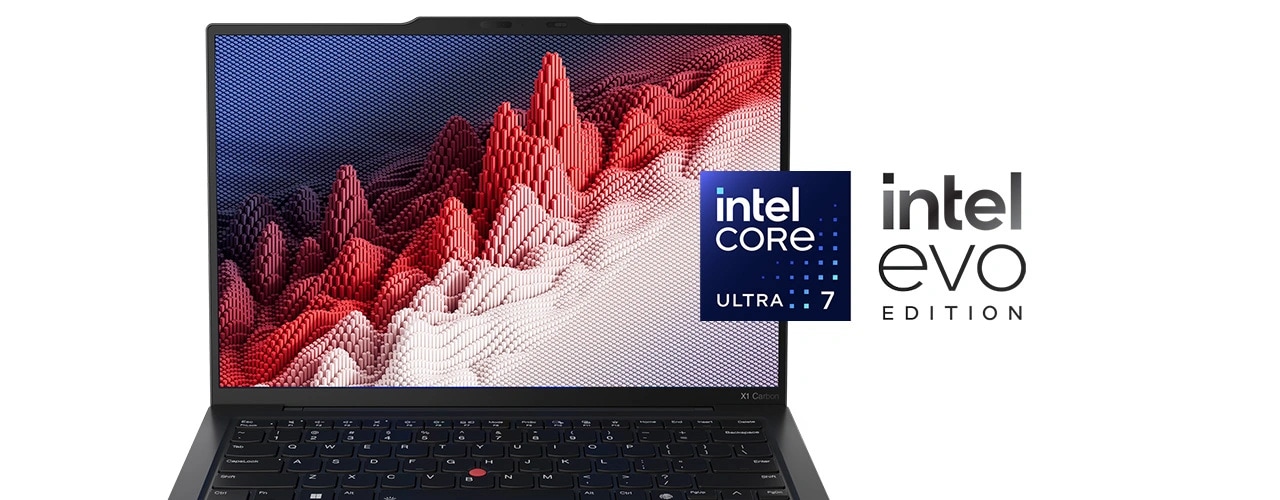 Hiển thị & bàn phím trên laptop Lenovo X1 Carbon Gen 12 được mở 90 độ, với các huy hiệu Intel Core Ultra & Intel Evo Edition.