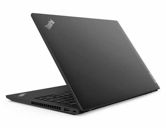 Mở màn hình máy tính xách tay Lenovo ThinkPad T14 Gen 4 hướng về phía sau, nghiêng để hiển thị các cổng phía bên phải và bàn phím một phần.