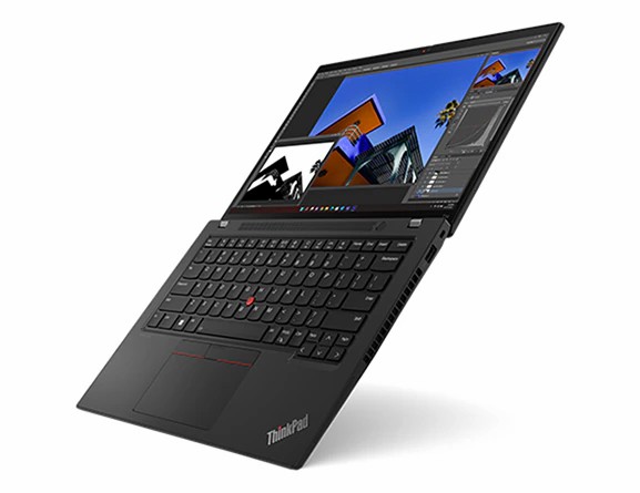 Máy tính xách tay Lenovo ThinkPad T14 Gen 4 nổi trên không, mở 180 độ, góc nghiêng nhẹ để hiển thị các cổng, bàn phím và màn hình bên phải.