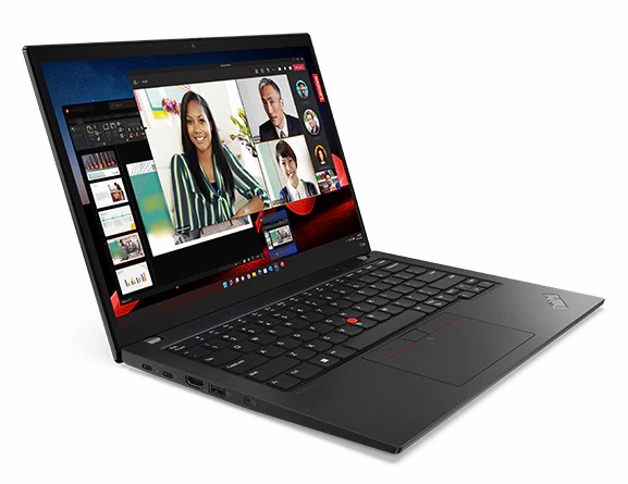 Máy tính xách tay Lenovo Lenovo ThinkPad T14s Gen 4 được mở góc 90 độ, góc nghiêng để hiển thị các cổng bên trái, bàn phím và cuộc gọi video trên màn hình.