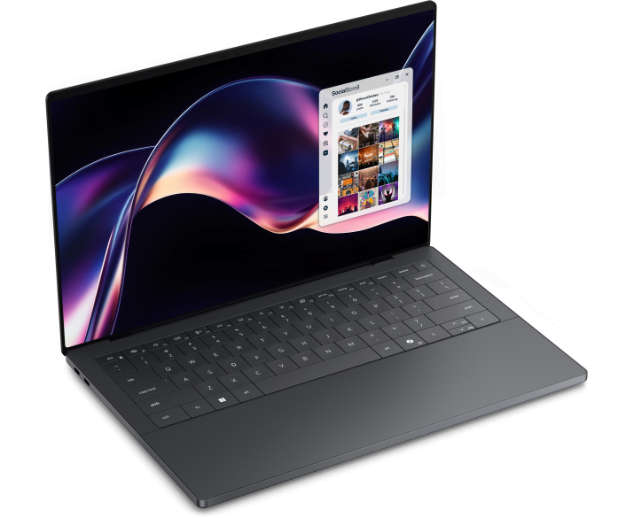 Dell XPS nhìn từ góc trái với thiết kế mỏng nhẹ và bàn phím full-size