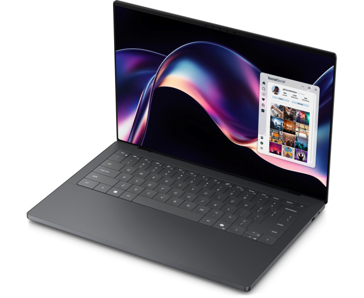 Dell XPS nhìn từ góc trái với thiết kế mỏng nhẹ và bàn phím full-size